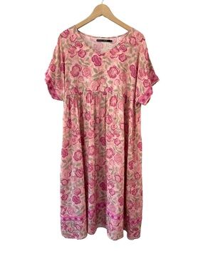 Gudrun Sjoden cotton Roses midi dress L pink artsy boho lagenlook pockets